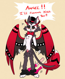 angry animal_genitalia anthro assisted_exposure blush embarrassed genitals male pantsing prank pubes romll sheath hazbin_hotel hellaverse angel_dust husk_(hazbin_hotel) hi_res