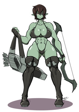 abs big_breasts bikini black_bikini black_boots black_clothing black_fingerless_gloves black_footwear black_gloves black_hair black_handwear black_swimwear boots bow_(weapon) breasts brown_eyes cleavage clothed clothing collarbone cute_fangs eye_patch eyewear fangs female fingerless_gloves footwear gloves green_body green_skin hair handwear holding_bow_(weapon) holding_object holding_ranged_weapon holding_weapon humanoid_pointy_ears legwear looking_at_viewer muscular muscular_female muscular_humanoid not_furry pointy_ears quiver_(object) ranged_weapon shadow shoes short_hair simple_background solo swimwear teeth thigh_boots thigh_highs two-piece_swimsuit weapon white_background jujujiru humanoid orc full-length_portrait portrait
