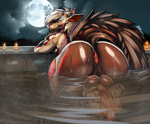 accessory anthro anus balls bedroom_eyes big_balls big_butt black_body black_fur butt claws cock_ring ear_markings femboy foot_tuft fur genitals hair heel_tuft horn horn_jewelry horn_ring hot_spring huge_butt humanoid_genitalia humanoid_penis jewelry looking_at_viewer looking_back male muscular muscular_femboy muscular_male narrowed_eyes night onsen orange_body orange_fur paws penis penis_accessory penis_backwards penis_jewelry presenting presenting_hindquarters red_body red_sclera ring_(jewelry) seductive solo tail thick_thighs tuft water wet wet_body white_body white_eyes white_hair gabsanna european_mythology mythology null_(dr4ch3n) dragon furred_dragon furred_scalie hybrid mythological_creature mythological_scalie scalie western_dragon hi_res