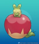 ambiguous_gender apple blonde_hair eyestalks food fruit green_body green_skin hair monster_girl_(genre) open_mouth plant pokemorph simple_background solo tail dex_appeal nintendo pokemon applin food_creature generation_8_pokemon humanoid pokemon_(species) hi_res