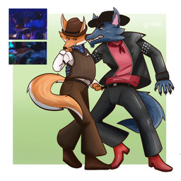 anthro badge belt black_bottomwear black_clothing black_jacket black_pants black_topwear boots bottomwear brown_boots brown_bottomwear brown_clothing brown_footwear brown_pants brown_topwear brown_vest clothed clothing cowboy_hat duo footwear fur grey_body grey_fur hat headgear headwear holding_partner jacket male male/male multicolored_body multicolored_fur orange_body orange_fur pants red_boots red_clothing red_footwear red_shirt red_topwear shirt shoes tail topwear two_tone_body two_tone_fur vest white_body white_clothing white_fur white_shirt white_topwear apolaskiart don't_eat_the_neighbours fox_(don't_eat_the_neighbours) wolf_(don't_eat_the_neighbours) canid canine canis fox mammal wolf 1:1 2026 absurd_res digital_media_(artwork) hi_res reference_image