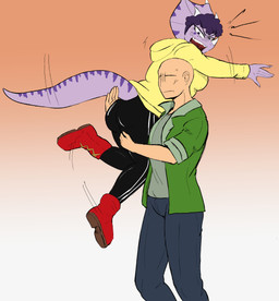 angry anthro bald black_bottomwear black_clothing black_pants boots bottomwear breasts butt carrying_another clothed clothed_anthro clothed_female clothed_human clothed_male clothing cross-popping_vein duo facial_horn female fingers footwear gradient_background green_clothing green_jacket green_shirt green_topwear grey_bottomwear grey_clothing grey_pants hair half-closed_eyes hoodie horn human_on_anthro humanoid_hands interspecies jacket long_tail looking_at_another male male/female markings medium_breasts motion_lines narrowed_eyes non-mammal_breasts open_clothing open_jacket open_topwear pants purple_body purple_eyes purple_hair red_boots red_clothing red_footwear shirt shoes short_hair simple_background standing striped_markings stripes tail topwear wide_eyed yelling_at_another yellow_clothing yellow_hoodie yellow_topwear nasu_no_itame98 cavemanon_studios goodbye_volcano_high ko_op_(game_developer) snoot_game anon_(snoot_game) trish_(gvh) ceratopsian ceratopsid chasmosaurine dinosaur human mammal marginocephalian ornithischian prehistoric_species reptile scalie triceratops absurd_res colored hi_res japanese_description shaded