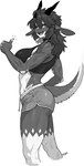 anthro big_breasts biped bottomwear breasts clothed clothed_anthro clothed_female clothing collar crop_top dolphin_shorts female female_anthro fingers fur gesture hair hand_gesture horn hotpants long_ears long_hair looking_at_viewer midriff muscular muscular_anthro muscular_female notched_ear open_mouth open_smile shirt shorts side_boob smile smiling_at_viewer solo tail thumbs_up topwear pgm300 mythology chabett dragon furred_dragon furred_scalie mythological_creature mythological_scalie scalie wingless_dragon 2024 hi_res monochrome portrait three-quarter_portrait