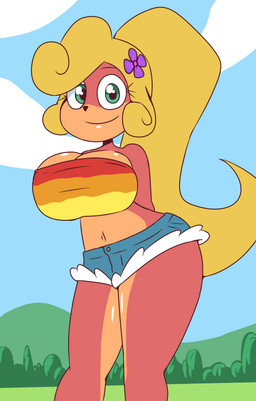 accessory anthro bare_shoulders big_breasts blonde_hair bottomwear breasts cleavage clothed clothed_anthro clothed_female clothing cloud daisy_dukes denim denim_bottomwear denim_clothing denim_shorts detailed_background female flower flower_in_hair fur grass green_eyes hair hair_accessory hill hotpants huge_breasts midriff multicolored_tube_top navel outside pink_body pink_fur plant ponytail shorts sky smile solo thick_thighs topwear tree tube_top wide_hips orcaverde activision crash_bandicoot_(series) coco_bandicoot bandicoot mammal marsupial 2022 absurd_res hi_res portrait three-quarter_portrait