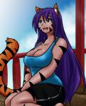 big_breasts black_stripes blue_eyes bottomwear breasts cat_tail clothed clothing facial_markings female hair head_markings huge_breasts long_hair markings open_mouth purple_hair shirt shorts smile solo stripes topwear sageofotherworlds yosh!_comics kate_summers animal_humanoid cat_humanoid domestic_cat felid felid_humanoid feline feline_humanoid felis human humanoid mammal mammal_humanoid hi_res