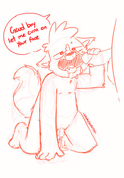 anthro bent_legs blush bodily_fluids cum cum_on_face duo genital_fluids handjob kneeling male male/male masturbation nude penile precum sex speech_bubble tongue tongue_out conditional_dnp scoty_doodlerz scott_james(scoty_doodlerz) canid canine fox mammal absurd_res hi_res sketch