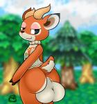 anthro backsack balls big_balls big_butt black_eyes bottomless butt clothed clothing fur genitals horn huge_balls insignia looking_at_viewer looking_back male orange_body orange_fur plant smile solo sweater topwear tree softestpuffss animal_crossing nintendo beau_(animal_crossing) antelope bovid mammal