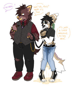 alternative_fashion anthro bodily_fluids clothing crop_top duo embarrassed femboy genital_fluids goth humiliation low-rise_pants male objectification omorashi piercing shirt slightly_chubby thong_straps topwear urine watersports wetting rroostersauce fern_(rroostersauce) juno_(rroostersauce) canid canine fennec_fox fox hyena mammal true_fox absurd_res hi_res