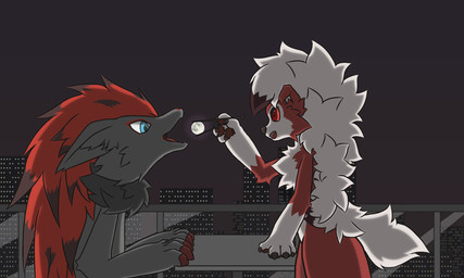 4_fingers ambiguous_gender anthro blue_eyes building chopsticks city cityscape claws duo ear_tuft finger_claws fingers fur glass grey_body grey_fur hair light long_hair looking_at_another moon night red_body red_eyes red_finger_claws red_hair side_view tail tail_tuft tuft white_body white_fur kyshan_(artist) nintendo pokemon wuquanliang_(kyshan-73) zhangbeicai_(kyshan-73) generation_5_pokemon generation_7_pokemon lycanroc midnight_lycanroc pokemon_(species) zoroark digital_media_(artwork) hi_res lighting female_(lore) male_(lore)