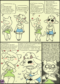 anthro balls blush bodily_fluids bottomwear bulge clothed clothing cum cum_on_face cum_sharking duo ejaculation erection female genital_fluids genitals glans gynomorph gynomorph/female heart_symbol horn intersex intersex/female masturbation orientation_play penile penile_masturbation penis profanity public public_masturbation skirt speech_bubble text victim_blaming missmess lana_(missmess) mizzy_meows_(missmess) bovid caprine domestic_cat felid feline felis mammal sheep comic english_text hi_res