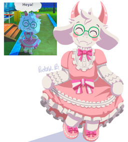 2_horns anthro blush clothed clothed_anthro clothed_male clothing clothing_lift crossdressing dress dress_lift eyes_closed eyewear fangs floppy_ears footwear frilly frilly_clothing frilly_dress fully_clothed fully_clothed_anthro fully_clothed_male fur glasses green_eyewear green_glasses horn lop_ears male pink_bow pink_clothing pink_dress pink_footwear pink_horn pink_shoes shoes solo teeth white_body white_fur robablo deltarune tomodachi_life undertale_(series) ralsei bovid caprine goat mammal absurd_res hi_res reference_image