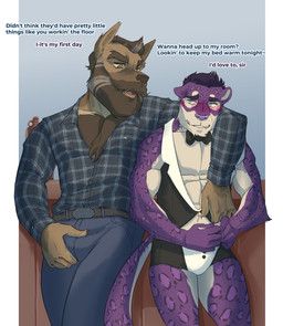 anthro bennerisms biped black_tie_(suit) bottomwear bulge clothing cowboy denim denim_bottomwear denim_clothing duo jeans male male/male male_anthro pants pattern_clothing plaid plaid_clothing prostitution speedo suit swimwear text hyponova sigeric canid canine canis domestic_dog felid german_shepherd herding_dog mammal pantherine pastoral_dog snow_leopard english_text hi_res