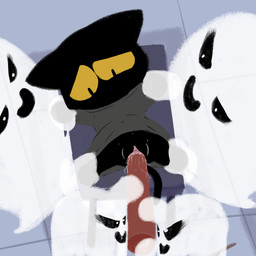 anthro female genitals group holidays pinned vaginal vulva yellow_sclera freeflyspecter google google_doodle halloween magic_cat_academy momo_(google) domestic_cat felid feline felis ghost mammal spirit 1:1 2020 hi_res
