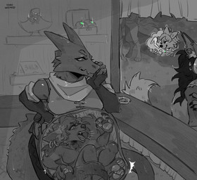 anthro asking belly big_belly breasts coin duo female female/female female_pred female_prey haven't_seen_them internal jewelry store struggling struggling_prey text vore vorewizard mythology canid canine dragon fox mammal mythological_creature mythological_scalie scalie english_text hi_res