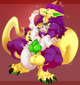 anthro balls big_balls big_penis bodily_fluids butt claws duo erection female female_penetrated fur genital_fluids genitals green_eyes hair huge_penis knot male male/female male_penetrating male_penetrating_female multicolored_body nude penetration penile penile_penetration penis penis_in_vagina purple_body purple_hair saliva scar sex size_difference sound_effects tail teeth text toe_claws tongue vaginal vaginal_penetration vulva white_body yellow_body pompidu-polya mythology enes21 roman_(yamorio) dragon mammal mustelid mythological_creature mythological_scalie otter scalie 2026 absurd_res hi_res