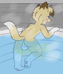 anthro anus balls blush bodily_fluids butt genital_fluids genitals male male_peeing omorashi peeing peeing_in_pool peeing_underwater solo swimming_pool urine urine_stream water ritzcat ritz_(ritzcat) felid feline mammal absurd_res hi_res