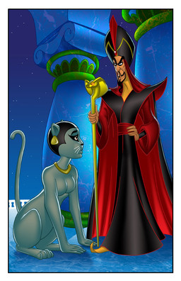 alternate_species anthro beard black_clothing black_hair border breasts clothing column duo ear_piercing facial_hair featureless_breasts female grey_body hair hat headgear headwear holding_object holding_staff implied_transformation male night open_mouth outside piercing red_clothing sitting smile staff star tail whiskers white_border justinblong2003 disney disney's_aladdin jafar_(disney) princess_jasmine_(disney) domestic_cat felid feline felis human mammal 2010 digital_media_(artwork) hi_res