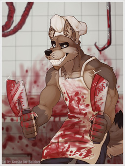 anthro apron axe biped blood bodily_fluids butcher cleaver_(knife) clothing covered_in_blood covering covering_self cutlery gore grin insane kitchen_knife kitchen_utensils knife male melee_weapon smile solo standing tools weapon gorsha_pendragon canid canine mammal digital_media_(artwork) hi_res shaded watermark