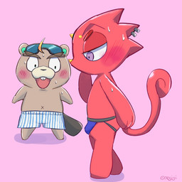 anthro blush bodily_fluids boxers_(clothing) chibi clothing duo ear_piercing eyewear jockstrap male male/male navel piercing red_body red_scales scales sunglasses sweat underwear x_navel negigi animal_crossing nintendo c.j._(animal_crossing) flick_(animal_crossing) beaver chameleon lizard mammal reptile rodent scalie