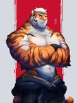 anthro bottomwear clothing fur male muscular muscular_anthro muscular_male pecs simple_background solo stripes ixkouu felid mammal pantherine tiger 2020 digital_media_(artwork) hi_res