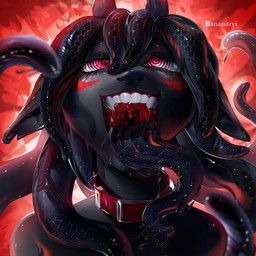 anthro black_tongue bodily_fluids collar drooling fangs femboy horn humanoid_pointy_ears hypnosis hypnotic_eyes long_tongue male male_anthro mind_control mouth_shot notched_ear open_mouth pointy_ears red_background saliva saliva_on_tongue saliva_string simple_background solo spiral spiral_eyes teeth tendrils tentacles tongue uvula bananitryi aquatic fish human latex_creature living_latex mammal shark 1:1 hi_res
