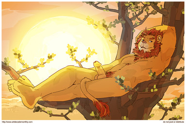 anthro arm_above_head balls beard blue_eyes body_hair branch crossed_legs erection facial_hair foreskin fur genitals happy_trail humanoid_genitalia humanoid_penis in_tree long_foreskin looking_at_viewer male nude penis pink_nose plant pubes relaxing solo sun tail tail_tuft text tree tuft unretracted_foreskin vein yellow_body yellow_fur artdecade felid lion mammal pantherine english_text url