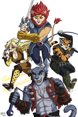 4_toes 5_fingers abs anthro anthrofied armor athletic athletic_anthro athletic_male black_nose blind_eye blonde_hair breasts brown_mane chest_tuft cleavage clothed clothed_anthro clothed_female clothed_male clothing fangs feet female fingerless_gloves fingers fur gauntlets gloves grey_body grey_fur group hair handwear hindpaw humanoid_hands male mane markings melee_weapon multicolored_body multicolored_fur nunchaku orange_body orange_fur paws smile spots spotted_body spotted_fur striped_body striped_fur stripes sword tan_body tan_fur teeth toes topwear tuft two_tone_body two_tone_fur vest weapon whip white_body white_fur yellow_body yellow_fur heresy_(artist) thundercats thundercats_2011 cheetara lion-o panthro tygra cheetah felid feline leopard lion mammal pantherine tiger 2025 hi_res signature
