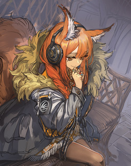 bench braided_hair brown_eyes brown_hair clothing digit_ring electronics female finger_ring hair headphones jacket jewelry looking_down on_bench sitting sitting_on_bench smile solo tail topwear ryuuzaki_ichi arknights hypergryph studio_montagne ratatos_browntail_(arknights) animal_humanoid humanoid mammal mammal_humanoid rodent rodent_humanoid sciurid sciurid_humanoid tree_squirrel_humanoid 2024 digital_media_(artwork)