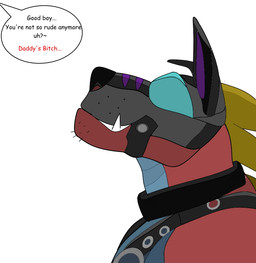 animal_mask anthro bdsm corruption degradation dialogue good_boy harness hypnosis male mask mind_control petplay profanity pup_mask puppyplay roleplay solo speech_bubble submissive submissive_male text you_shibita bruce_the_dino dinosaur prehistoric_species reptile scalie digital_drawing_(artwork) digital_media_(artwork) english_text