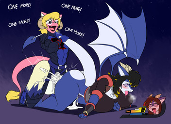 anthro balls big_balls big_breasts big_penis black_hair blonde_hair blue_body bodily_fluids bottomless bottomwear breasts breath clothed clothing cosplay cum ejaculation female from_behind_position gameplay_mechanics genital_fluids genitals hair horn hud huge_balls huge_penis male male/female panting penis pink_body sex skirt tail tail_pull text thick_thighs wings kaboozle kingdom_hearts mythology square_enix swissy terru dragon mythological_creature mythological_scalie scalie 11:8 digital_drawing_(artwork) digital_media_(artwork) hi_res