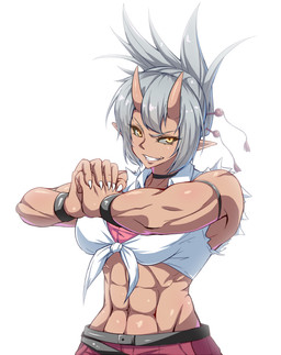 abs accessory clothing female grey_hair hair hair_accessory hair_sticks horn humanoid_pointy_ears midriff muscular muscular_female muscular_humanoid nails not_furry pointy_ears sharp_nails shirt simple_background solo tied_shirt topwear white_background yellow_eyes kuroko_14 asian_mythology east_asian_mythology japanese_mythology mythology demon humanoid oni yokai 2015