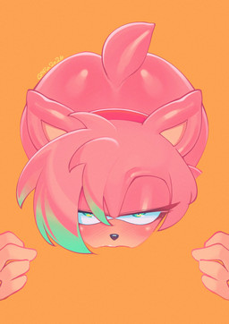 anthro breasts female female_anthro fingers fur genitals green_eyes hair looking_at_viewer negative_space pink_body pink_fur pink_hair seductive sex smile tail gofa negative_space_oral_(meme) sega sonic_the_hedgehog_(series) amy_rose eulipotyphlan hedgehog mammal 2026 absurd_res hi_res meme