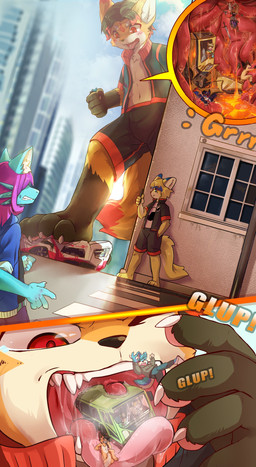 after_vore ambiguous_gender ambiguous_prey anthro anthro_pred anthro_prey belly biped blurred_background blush bodily_fluids bodily_noises bottomwear building bulge car cheek_tuft chest_tuft city city_background cityscape claws clothed clothing crush crushed_vehicle cutaway destruction detailed_background different_sound_effects digestion digestion_noises dripping electronics eyebrows facial_tuft falling fangs fatal_vore feet fingers foot_crush forced fully_inside fur fur_markings group hair happy holding_micro imminent_death inner_ear_fluff inside_stomach internal interspecies macro male male/ambiguous male_pred male_prey markings navel nude object_vore onomatopoeia open_mouth oral_vore organs outside partially_inside pawpads paws phone pica plantigrade public_transportation rumbling_stomach saliva saliva_drip saliva_string size_difference sky smile soft_vore sound_effects stomach stomach_acid stomping struggling struggling_prey swallowing swallowing_sound_effect sweat sweatdrop tail taking_picture teeth text toes tongue tongue_out topwear tossing tuft unwilling_prey uvula vehicle vehicle_destruction vore worried qingbai mythology qing_(qingbai) canid canine domestic_cat dragon felid feline felis fox mammal mythological_creature mythological_scalie scalie colored digital_media_(artwork) hi_res shaded