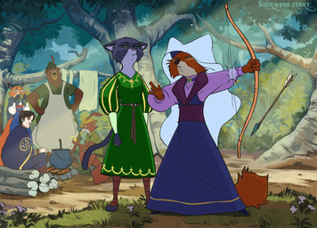 anthro apron arrow_(weapon) black_markings bow_(weapon) brooch building camp campfire campsite clothing cooking_pot dialogue dress expressions eyes_closed facial_markings fail female group hat_feather head_markings headdress headgear headwear house husband log loose_feather male markings narrowed_eyes noble nobleman noblewoman plant pupils ranged_weapon sitting slit_pupils smile standing tail tree unimpressed weapon wife wood sir_paulus disney robin_hood_(disney) clorinda_(sir_paulus) lisabeth_(lord_paulus) little_john maid_marian pavel_(sir_paulus) robin_hood bear canid canine canis felid feline human mammal hi_res