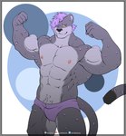 abs anthro barazoku biceps confident flexing grey_body hair male muscular muscular_anthro muscular_male nipples pecs pubes purple_hair smile solo stare shark-blade ja'aran_(sona) felid mammal pantherine snow_leopard absurd_res hi_res