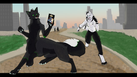 animal_genitalia anthro biped black_sheath city detailed_background duo_focus fully_sheathed genitals group male outside quadruped sheath year zhekathewolf aleksfrimon canid canid_taur canine canine_taur canis fox fox_taur mammal mammal_taur taur wolf 16:9 2019 dated digital_media_(artwork) hi_res signature widescreen