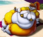 anthro beach beach_towel beach_umbrella belly big_belly big_breasts bikini blush breasts clothing deep_navel dessert female food fur gold_bikini hair huge_belly huge_breasts huge_thighs ice_cream ice_cream_cone multicolored_body multicolored_fur navel obese obese_anthro obese_female orange_eyes orange_hair overweight overweight_anthro overweight_female parasol ponytail seaside solo swimwear thick_thighs towel two-piece_swimsuit two_tone_body two_tone_fur white_body white_fur viroveteruscy if_hell_had_a_taste tiffany_brewwer canid canine fox mammal 2025 absurd_res digital_media_(artwork) hi_res