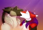 anthro braided_hair collar duo femboy fur hair kissing long_hair male male/male purple_hair red_body red_fur simple_background white_body white_fur sergeantyakirr azaly zxara_amador mammal sergal absurd_res digital_media_(artwork) hi_res