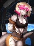 anthro black_bra black_clothing black_underwear bra breasts cleavage clothed clothing female inside jumpsuit looking_at_viewer off_shoulder orbit patreon_username planet presenting presenting_breasts smile solo space space_station spacecraft spacesuit sports_bra star text underwear unzipped_jumpsuit vehicle window xaenyth patreon asteria_blackspot_(spyglass8) fish marine shark 2023 absurd_res digital_media_(artwork) hi_res url