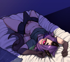 1_eye 5_fingers bed big_eyes biped black_body black_skin bottomwear bulge clothing detailed_bulge erection femboy fingers furniture genital_outline genitals gloves_(marking) hair horn humanoid_genitalia humanoid_penis light_body light_skin looking_at_viewer lying male markings midriff multicolored_body multicolored_skin noseless on_back pale_skin penis penis_outline purple_hair short_hair shorts slim solo tan_body tan_penis tan_skin two_tone_body two_tone_skin wide_hips sucaciic ansel_(anaid) cyclops demon horned_tailclops mammal tailclops_(species) 2020 hi_res