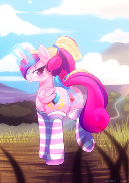 accessory anus blush bow_(feature) bow_accessory bow_ribbon butt candy clothing cloud cutie_mark dessert feathered_wings feathers female feral food fur furgonomics gaping genitals glowing grass hair hair_accessory hair_bow hair_ribbon half-closed_eyes horn inviting legwear lollipop looking_at_viewer looking_back magic multicolored_hair narrowed_eyes outside pink_body pink_feathers pink_fur plant ponytail presenting presenting_hindquarters presenting_vulva purple_eyes rear_view ribbons sky smile solo spread_vulva spreading stockings tail tail_accessory tail_bow tail_ribbon vulva wings kohtek friendship_is_magic hasbro my_little_pony mythology princess_cadance_(mlp) equid equine mammal mythological_creature mythological_equine winged_unicorn 2013 absurd_res hi_res signature