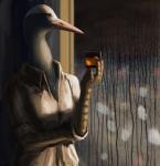 alcohol ambiguous_gender anthro beak beverage breasts brown_eyes clothed clothing collared_shirt dress_shirt female glass ice inside non-mammal_breasts raining shirt solo topwear whiskey window caedere cellina_(slither) avian bird blue_crane crane_(bird) gruiform grus_(genus) 2017 digital_media_(artwork) hi_res