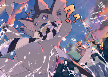 3_toes ambiguous_feral ambiguous_gender biped bipedal_feral black_scarf blue_pawpads blue_sclera clothed clothed_feral clothing cloud detailed_background ear_fins emanata exclamation_point featureless_crotch feet feral fin fish_hook fishing fishing_rod frill_(anatomy) fur gloves_(marking) green_body green_ears green_fur green_tail group head_fin hook kemono looking_at_another low-angle_view markings monotone_tail mostly_nude mouth_hold multicolored_body multicolored_fur neck_frill open_mouth outside pawpads pier pink_inner_ear plant question_mark scarf scarf_only semi-anthro sky standing star_polygon sunset surprised tail tail_fin text toes tree trio twilight two_tone_body two_tone_fur water white_body white_eyes white_fur white_scarf watashigu nintendo pokemon sorbet_(rainbells) subby_(sbubbier-s) aquatic eeveelution fish generation_1_pokemon generation_6_pokemon generation_7_pokemon mammal pokemon_(species) sylveon vaporeon wishiwashi wishiwashi_(solo_form) 2026 colored digital_media_(artwork) english_text hi_res shaded signature
