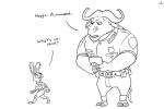 3:2 anthro black_and_white bovid bovine cape_buffalo chief_bogo clothed clothing dialogue disney duo english_text female hi_res horn jake_lion judy_hopps lagomorph leporid male mammal monochrome police rabbit simple_background size_difference text uniform white_background zootopia