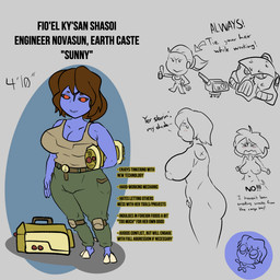 big_breasts blue_body blue_skin blush blush_lines breasts brown_hair clothing curvy_figure dark_sclera female hair hooves inverted_nipples knee_pads mechanic messy_hair military_pants nipples ponytail pubes red_eyes shirt shortstack side_view simple_background slightly_chubby slightly_chubby_female solo tank_top toony topwear wide_hips nkaiz00 warhammer_(franchise) warhammer_40000 sunny_(nkaiz00) alien alien_humanoid humanoid t'au_(warhammer) 1:1 hi_res model_sheet