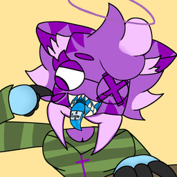 1_eye anthro black_claws blue_insides blue_mouth blue_tongue bodily_fluids breasts claws clothing cross cross_necklace eyewear female finger_claws fur gesture glasses hand_gesture holding_object holding_on jewelry medium_breasts message mouth_shot necklace no_pupils object_in_mouth open_mouth paper paper_in_mouth pink_body pink_fur pointing pointing_at_mouth pointing_at_self purple_body purple_fur saliva sharp_teeth simple_background sweater teeth text tongue toony topwear vore white_eyes writing_text fantafur lychee_(fantafur) angel aquatic felid fish hybrid mammal pantherine shark tiger english_text line_art shaded