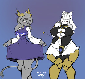 2_horns 5_fingers alternate_costume anthro belly big_breasts black_clothing black_eyes black_gloves black_handwear black_shirt black_topwear blue_background blue_clothing blue_dress blush blush_lines bottomless breasts capelet cleavage clothed clothed_anthro clothed_female clothing clothing_lift clothing_swap covering covering_crotch covering_self dress dress_lift duo embarrassed eyebrows eyelashes female female_anthro fingerless_gloves fingers flesh_fang floppy_ears front_view fur gloves grey_body grey_eyebrows grey_fur grey_nose grey_tail handwear horn knock-kneed legwear long_sleeves looking_down looking_down_at_self multicolored_clothing multicolored_dress nipple_outline pupils purple_clothing purple_dress shirt short_horn simple_background slightly_chubby slightly_chubby_anthro slightly_chubby_female small_horn snout standing tail thick_eyebrows thick_thighs tight_clothing topwear white_body white_capelet white_clothing white_dress white_ears white_eyebrows white_fur white_horn white_pupils wide_eyed wide_hips yellow_clothing yellow_horn yellow_legwear wayesh pseudoregalia undertale_(series) sybil_(pseudoregalia) toriel boss_monster_(undertale) bovid caprine goat mammal 2024 absurd_res crossover dated hi_res signature