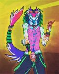 airu alternative_fashion beaded_jewelry beads bondage_pants cybergoth drugs erection genitals goth hi_res jewelry kandi_(jewelry) looking_at_viewer male mammal penis presenting rave sergal solo tail tongue tongue_out