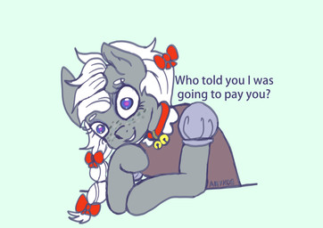 angry bell bell_collar clothing collar female feral freckled_face freckles insane looking_at_viewer pigtails ribbons simple_background solo talking_to_viewer text anykoe hasbro my_little_pony candy_blaster_(anykoe) earth_pony equid equine horse mammal pony english_text hi_res signature
