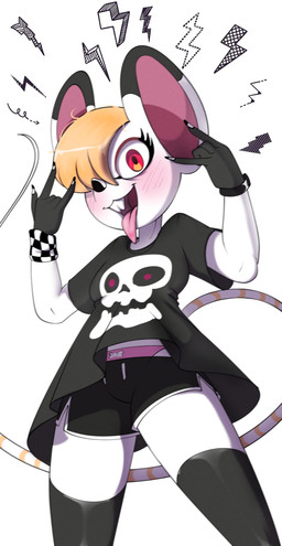 anthro big_ears black_body black_bottomwear black_clothing black_fur black_legwear black_nails black_shorts black_thigh_highs black_topwear blonde_hair blush blush_lines bottomwear breasts buckteeth clothing colored_nails dipstick_ears ear_markings eyelashes female front_view fur gesture gloves_(marking) hair hair_over_eye legwear looking_at_viewer markings multicolored_ears nails panties panty_peek pink_clothing pink_panties pink_underwear red_eyes shorts simple_background solo striped_markings striped_tail stripes tail tail_markings teeth thick_thighs thigh_highs tongue tongue_out topwear underwear white_background white_body white_fur wide_hips tobitobi90 animal_crossing nintendo bella_(animal_crossing) mammal mouse murid murine rodent 2024 absurd_res hi_res